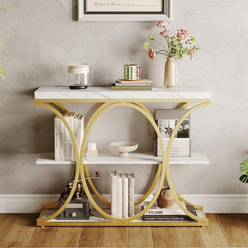 39" Narrow Industrial Console Table with 3-Tier Storage for Entryway, Living Room & Hallway, White/Gold