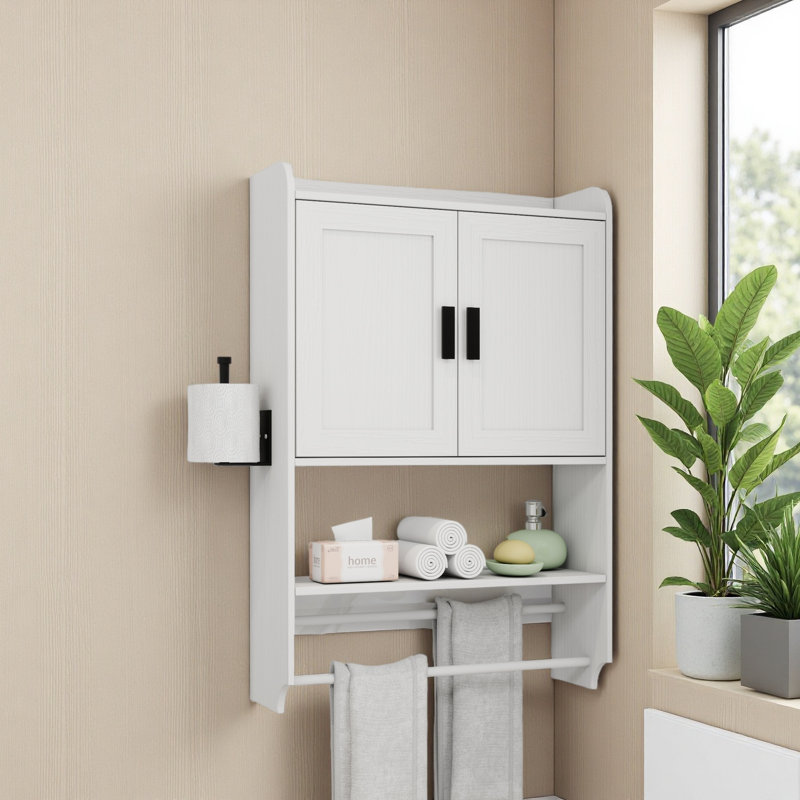 Bathroom Wall Cabinet With Doors,Adjustable Shelf,Towel Bar And Paper Holder, Over The Toilet Storage Cabinet, White