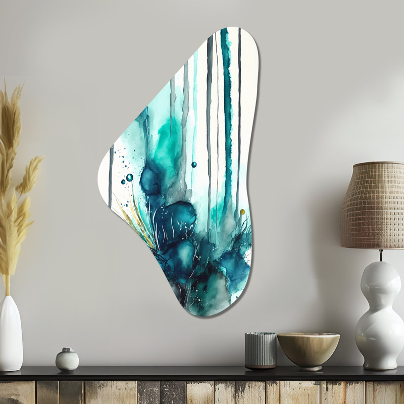 «Tropical Turquoise Joyfulness V», art mural asymétrique en forme de Boomerang à encre liquide abstraite, H 39 po x l 21 po