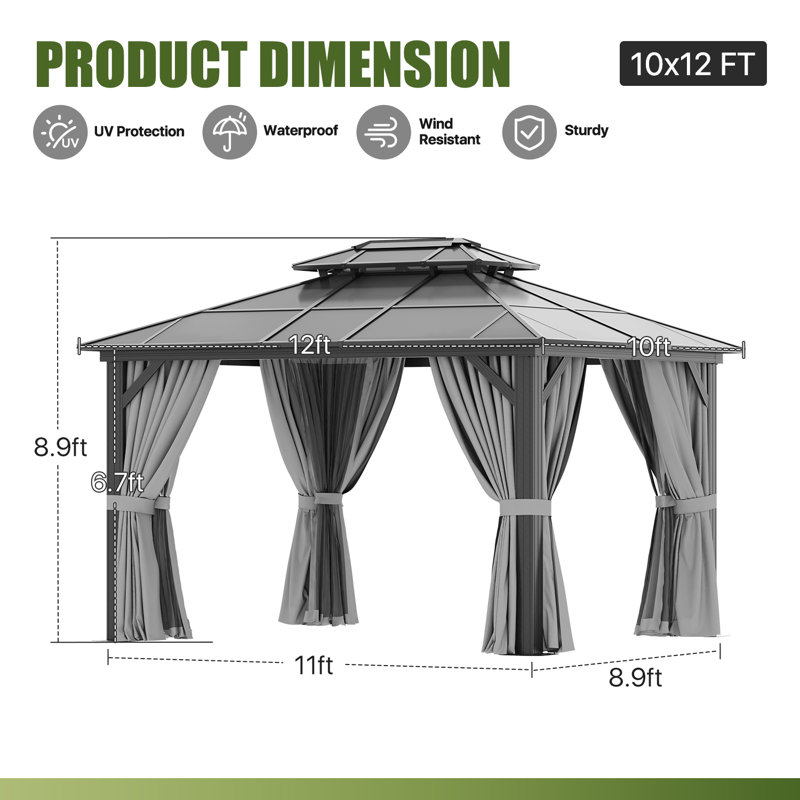 12 Ft. W x 10 Ft. D Metal Frame Patio Gazebo with Polyethylene Double Roof, Gray, 12 Ft. W x 10 Ft. D, Gray