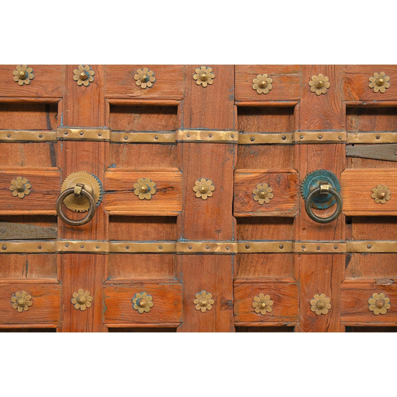 Panneau de porte 70 "en bois de teck indien antique sculpté à la main avec sangles en laiton