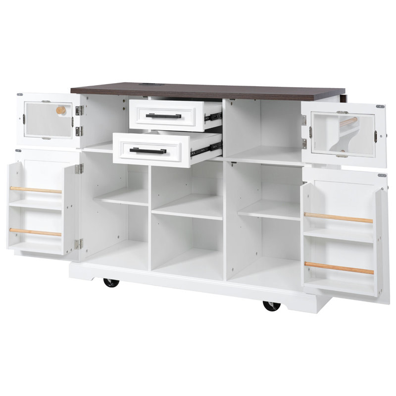 54.9" Kitchen Island with Drop Leaf, Power Outlet, Kitchen Storage Cart with 4 Door Shelves, Cross Barn Doors & Visual Glass Door
