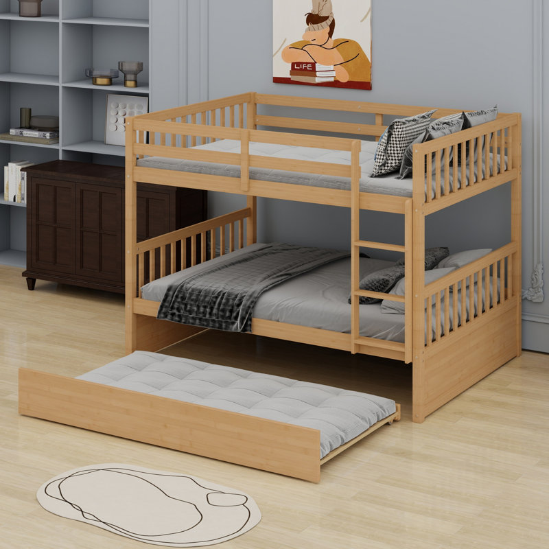 Bunk Bed With Trundle, Featuring Rubber Wood, Ladder And Guardrails, Espresso
