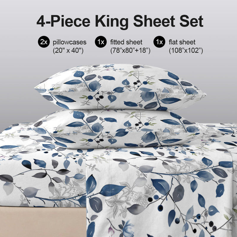 Ensemble de draps fleuris bleus 4 pièces, taille king, drap-housse fleuri avec taies d'oreiller, ensemble de literie nature fraîche
