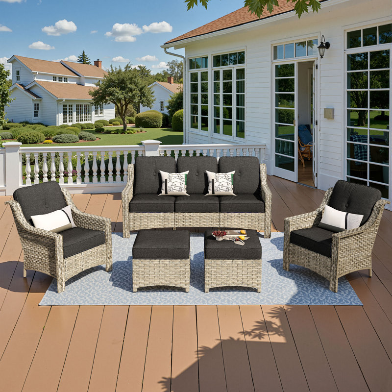 Emanuell 5 - Person Outdoor Conversation Set, Wicker Patio Sofa & Chair Set with Cushions, Black