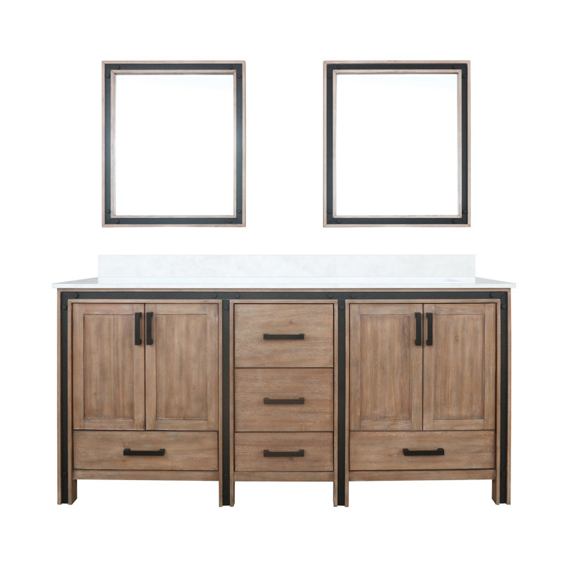Meuble-lavabo double l 72 po x P 22 po avec plateau blanc et miroirs 30 po Ziva, Bois de grange rustique