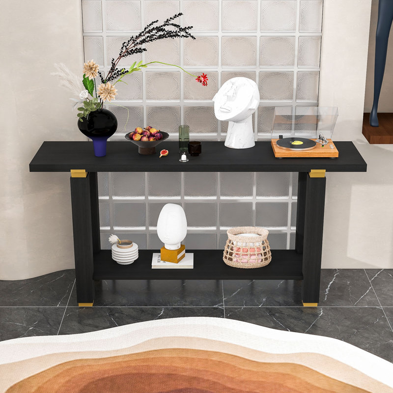 Console moderne minimaliste avec pieds en bois massif, accents métalliques et tablette inférieure, Noir, noir, noir, noir