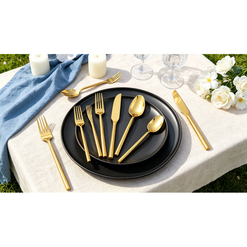 Ensemble de couverts 20 pièces en acier inoxydable avec finition polie miroir et accents dorés, service de couverts à poignée hexagonale forgé à la main pour 4
