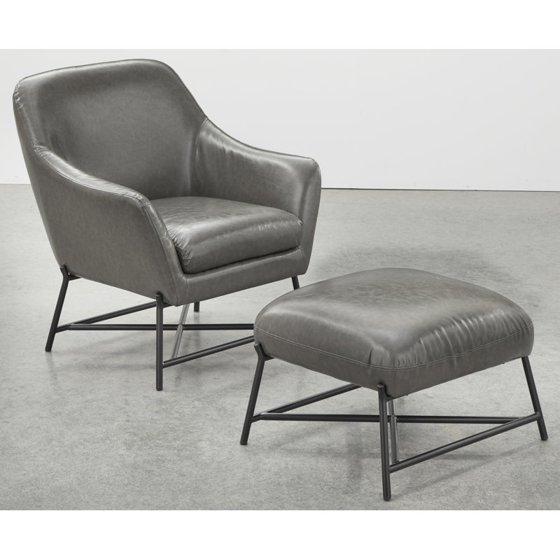 Minford Faux Leather Accent Chair with Ottoman, Gray Faux Leather