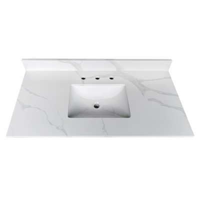 Plateau de meuble-lavabo en quartz 43 po, lavabo central encastré à simple cuve de 3/4 po d'épaisseur, dosseret de 4 po de hauteur, 3 trous de robinet pré-percés, résistant aux taches et à la chaleur, quartz blanc de Carrare avec veines