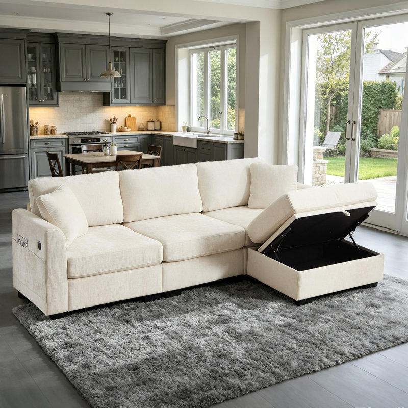 Beige Chenille Sectional Sofa,Couch with Storage Ottoman and USB Charge Ports, Beige Chenille