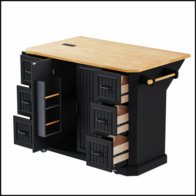 56 Inch Rustic Rolling Kitchen Island with Drop Leaf, Power Outlet, and Ample Storage on Wheels