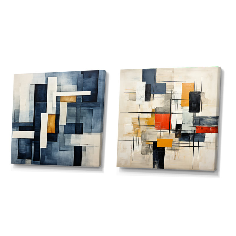 Chrysteen - Ensemble de 2 collages carrés à formes abstraites, H 36 po x l 73 po, Toile tendue
