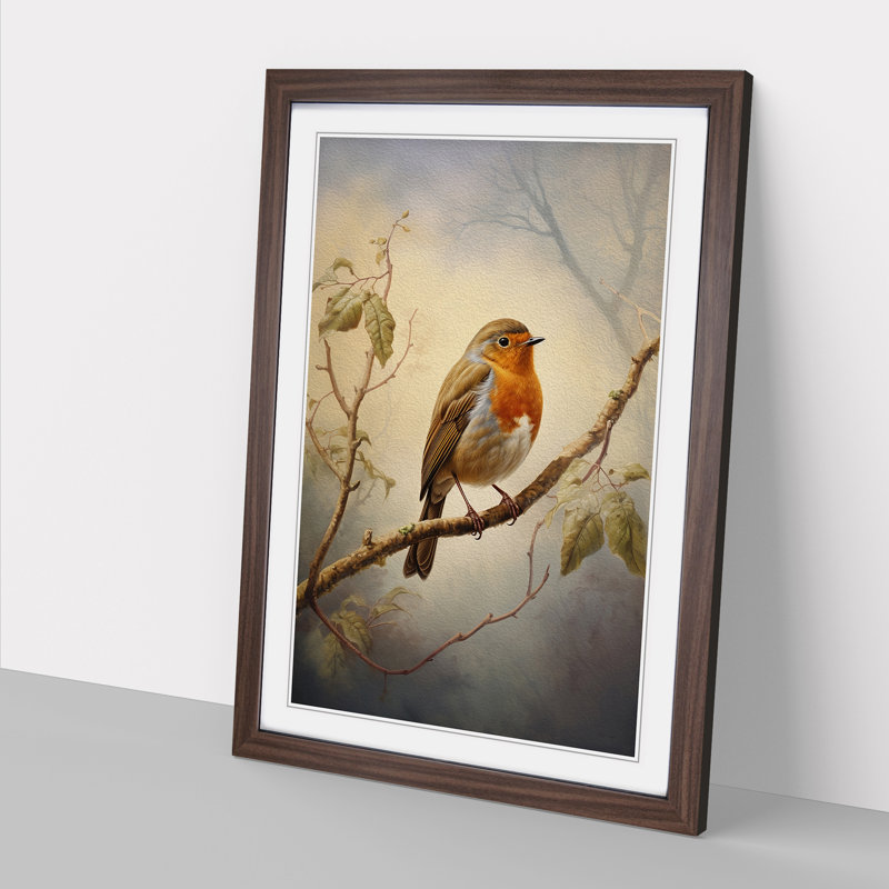 Robin Bird Tachisme Framed Print, 46cm H x 34cm W x 2cm D, Walnut Framed
