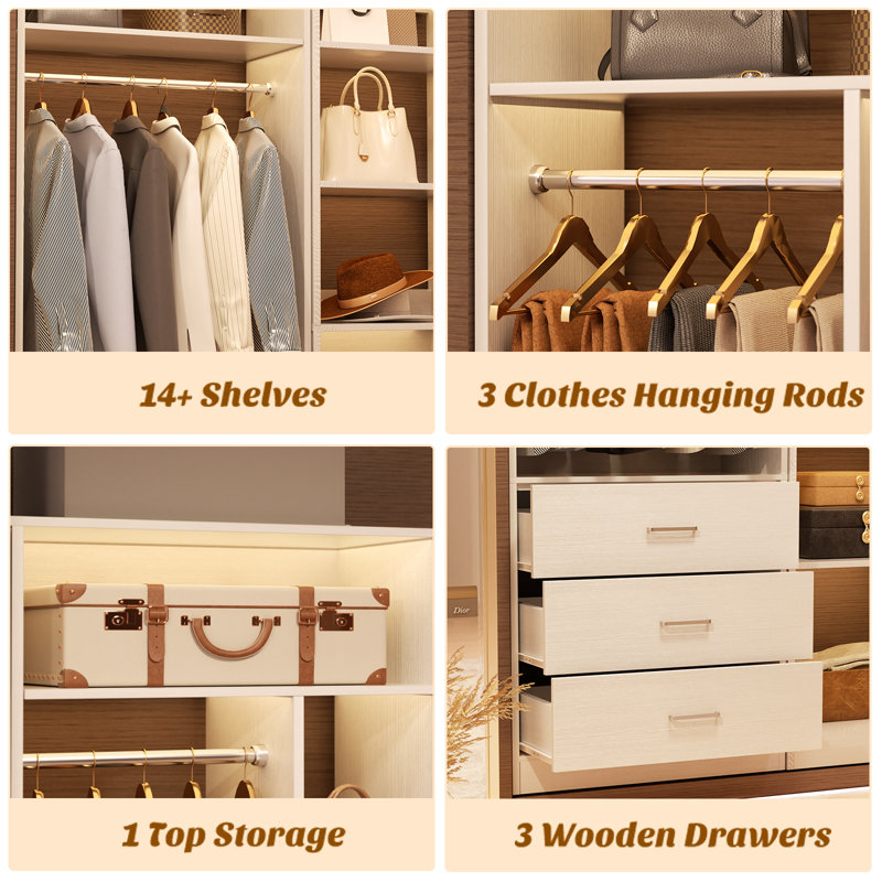 63.2" L X 39.2" W X 80" H Corner Closet System, Freestanding Closet Organizer System With 3 Drawers, White