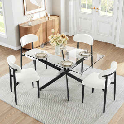 Ralph 50" Dining Table Set For 4, Tempered Glass Table With Stainless Steel Cross Legs And 4 Upholstered Chairs