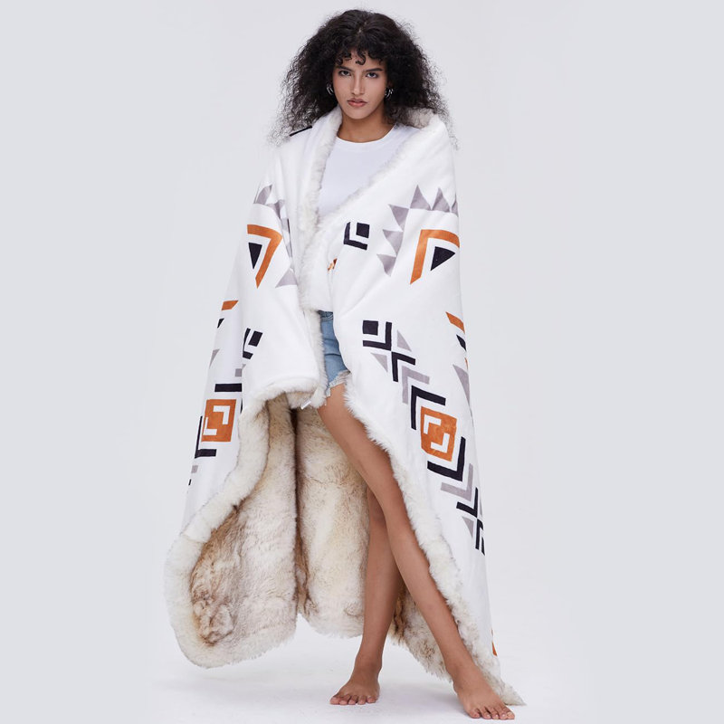 Queen Size Cream Aztec Pattern Faux Fur Throw Blanket