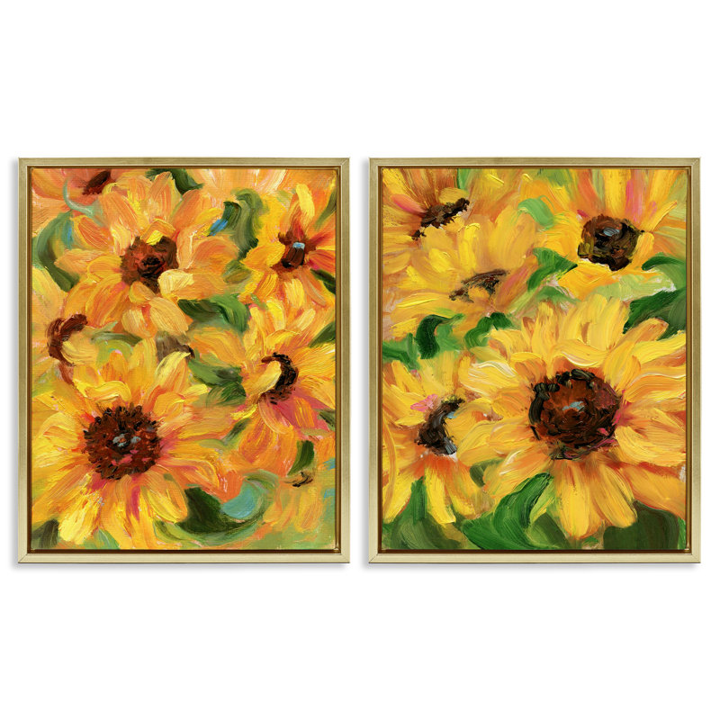 «Abstract Large Sunflower Blooms», ensemble de 2 toiles flottantes encadrées par Sandra Iafrate, H 21 po x l 17 po