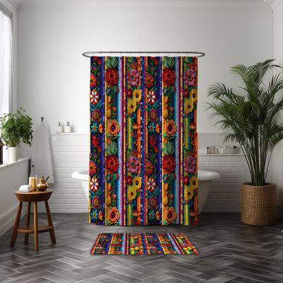 Boho Bloom Parade Shower Curtain And Mat Set A Joyful Burst Of Florals In Rich, Primary Hues