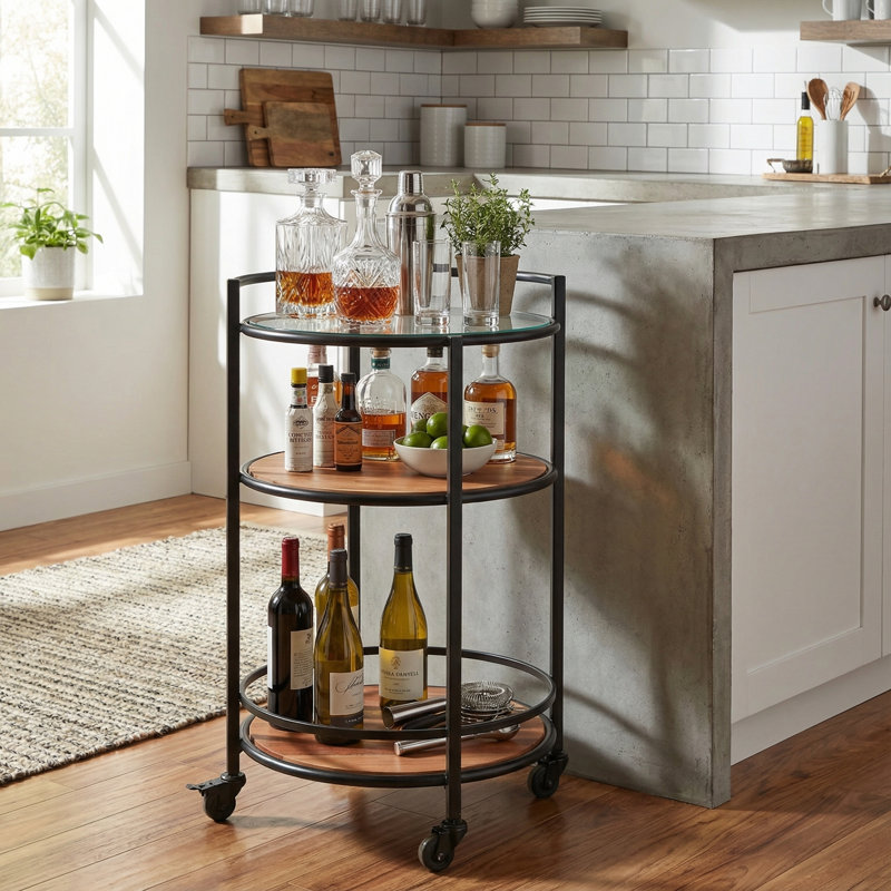 Alexa 3-Tier Trolley – Mango Wood, Glass Top & Black Steel Rolling Bar Cart (32") 