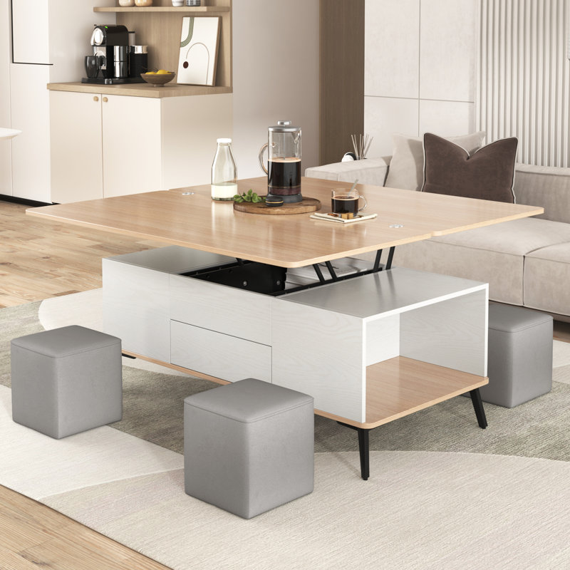 Table basse extensible avec 4 pieds et repose-pieds Chrishay, Bois de chêne naturel, Blanc antique