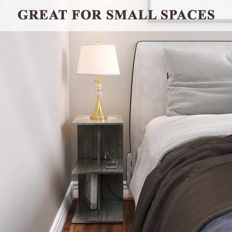 End Table with Build In USB Ports and Outlets, Narrow Nightstand for Small Spaces, Grey