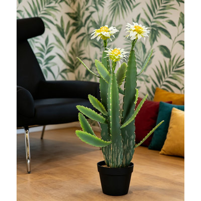 Large Artificial Cactus with Magenta Flowers in Pot, Natural Gravel Satin Finish Leaves