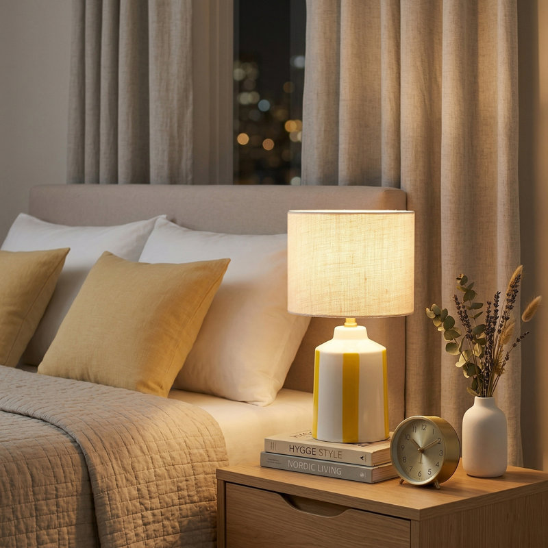 Modern Yellow Ceramic Table Lamp With Linen Drum Shade, 17.75" H x 10" W x 10" D