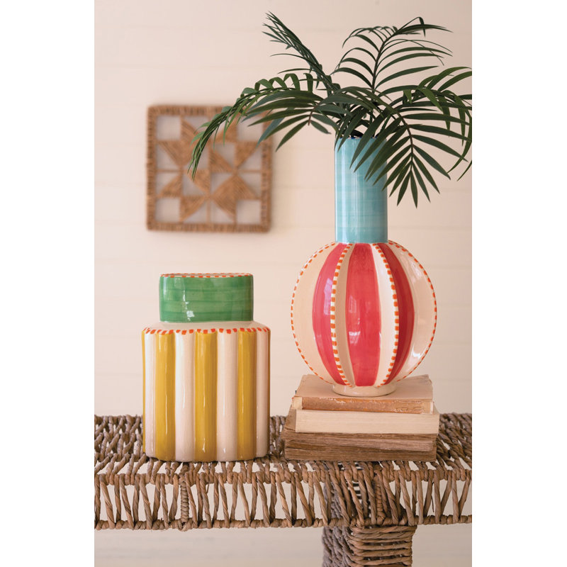  Ceramic Multi-Colored Vase with Blue Neck – 15" Tall Decorative Accent