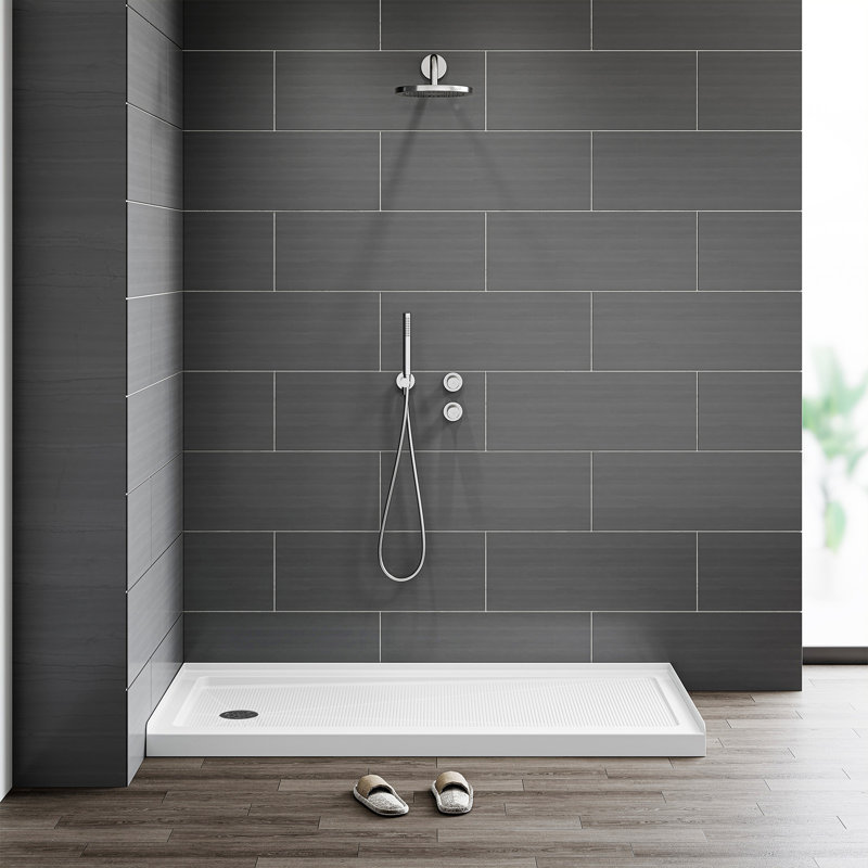 60" W X 30" D Non-slip Shower Base With Matte Black Drain Assembly, Wider Threshold Design, Left, Matte Black
