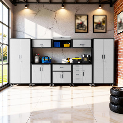 8-Piece Garage Storage Systems Set, Metal Garage Storage Cabinets with Wheels, 3 Wall Mounted Cabinets + Rolling Cabinets + 2 Tall Pegboard Cabinets, Lockable Tool Chest Organizer
