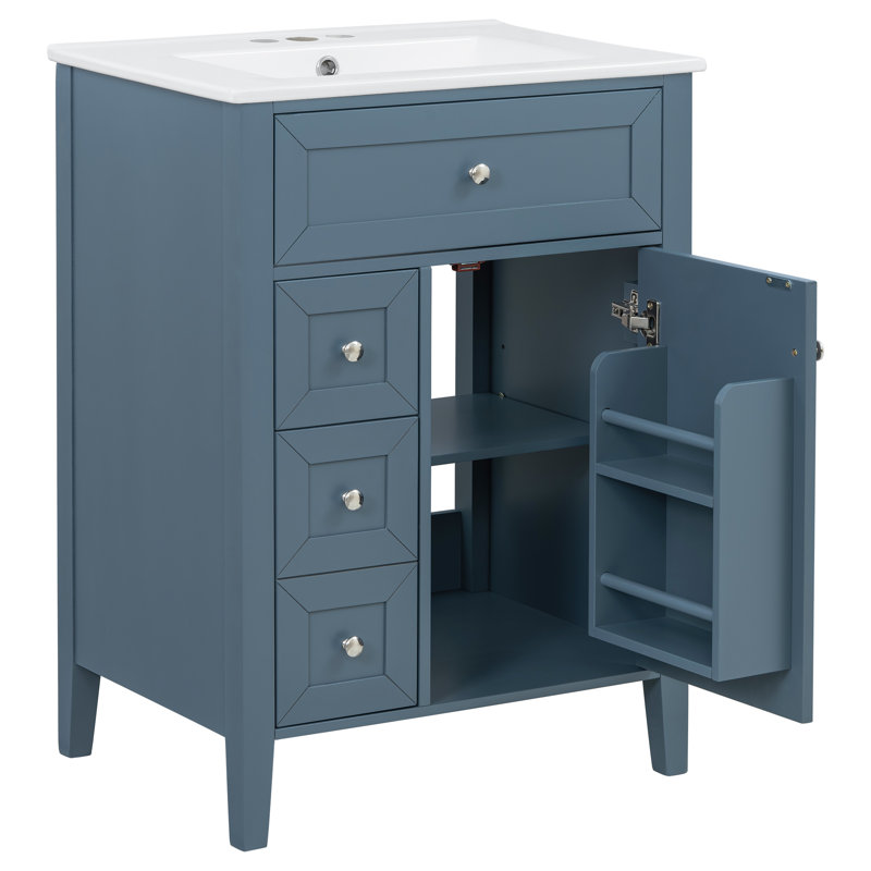 Ensemble de meuble-lavabo autoportant 24 po avec lavabo en céramique intégré, portes et tiroirs à fermeture en douceur, tiroir de rangement inférieur et support de porte intérieure 24 po