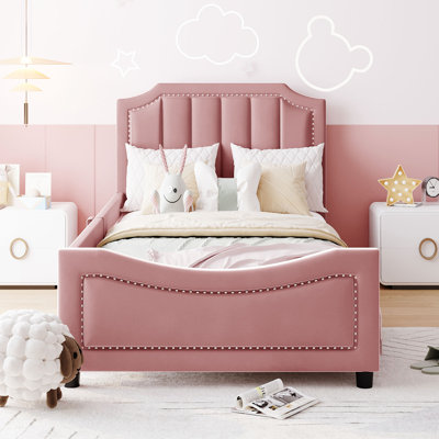 Size Upholstered Daybed With Classic Stripe Shaped Headboard,