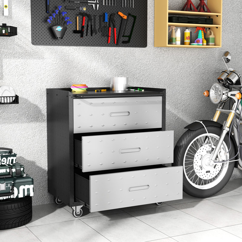 Heavy-Duty 3 Drawer Metal Cabinet With Wheels - For Garage, Office, Home Storage. Black/Gray. 29.89"W X 16.11"D 34.88"H. Industrial Grade Steel. 360 Rotatable & Lockable Wheels. Large Compartments.