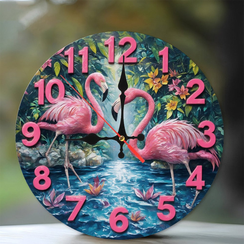 Horloge, chiffres, flamants, jungle, ruisseau