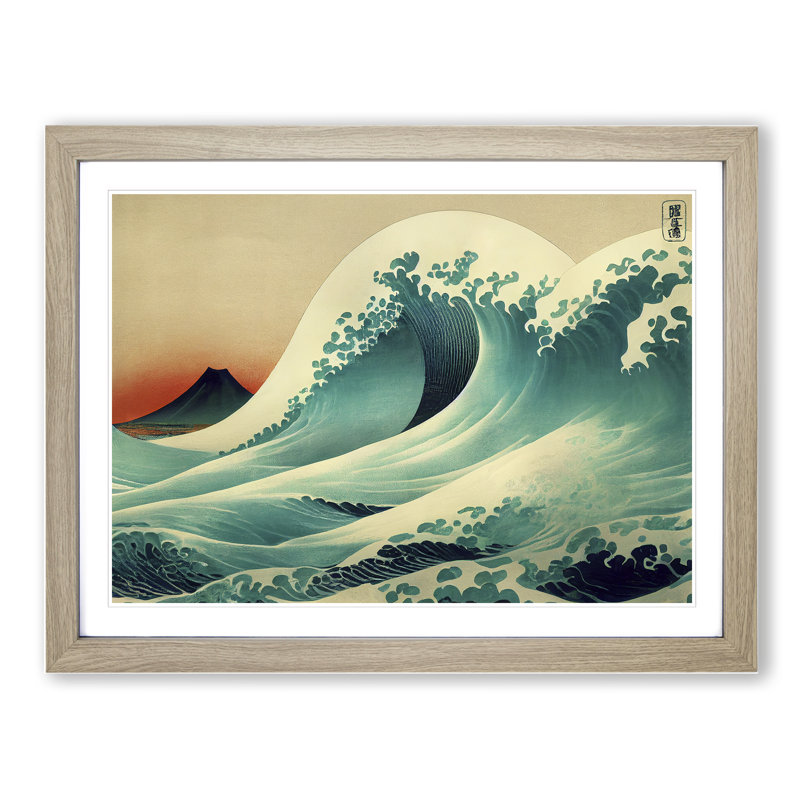 Japanese Wave By Mountains Vol.1 - Single Picture Frame Print, 46cm H x 64cm W x 2cm D, Oak Framed