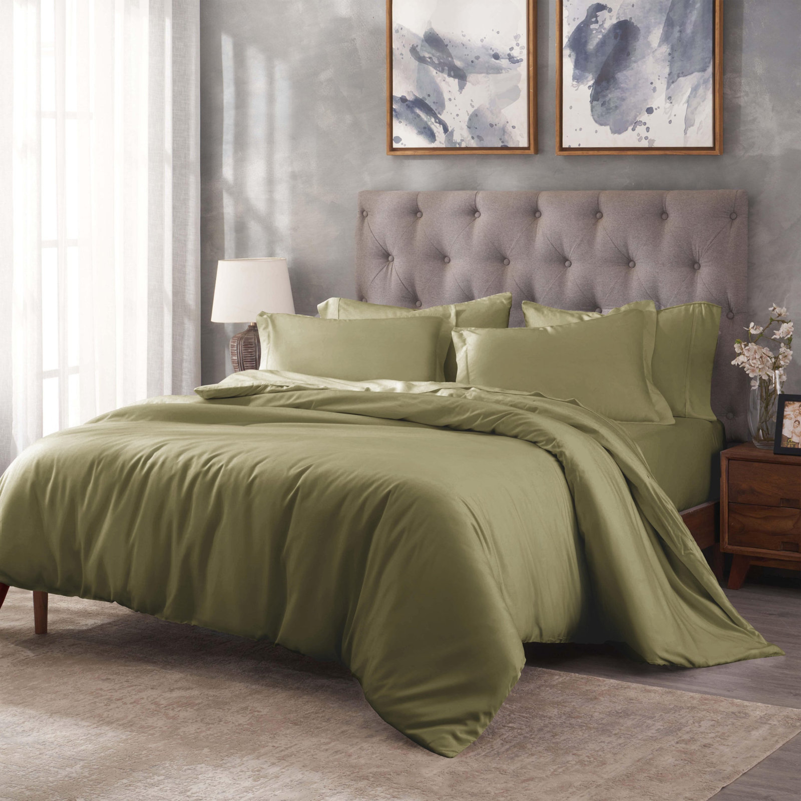 Lunete Egyptian Cotton Duvet Cover Set, Sage, Full / Queen Duvet Cover + 2 Pillow Shams