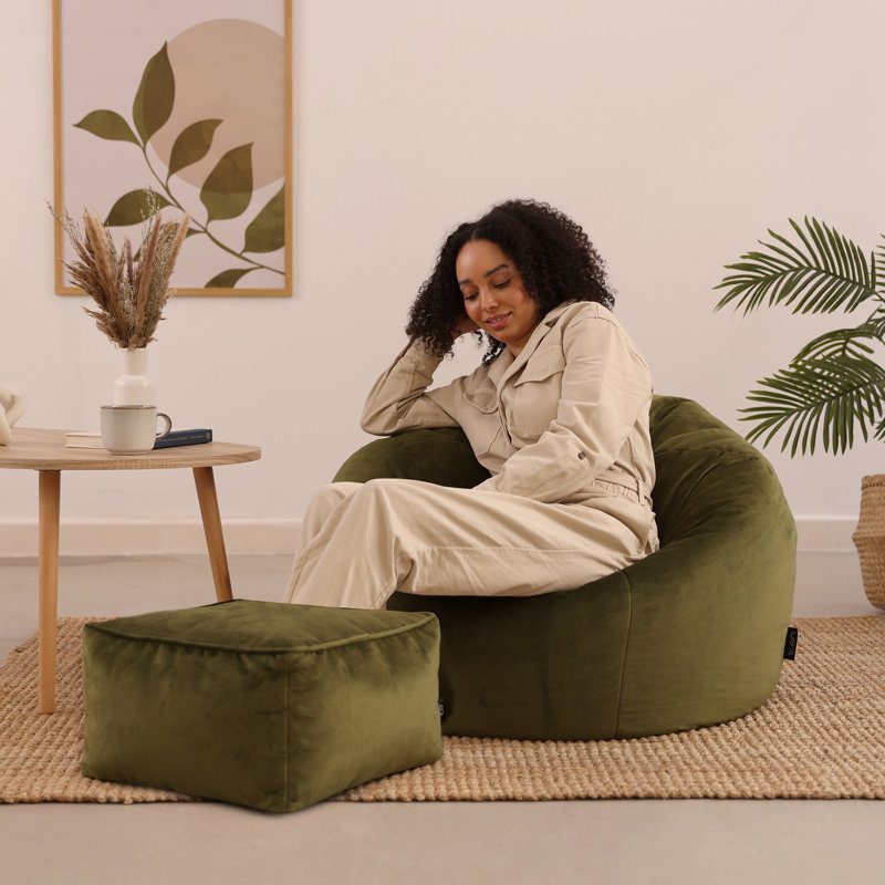 Kingston Velvet Bean Bag and Square Footstool, Olive Green