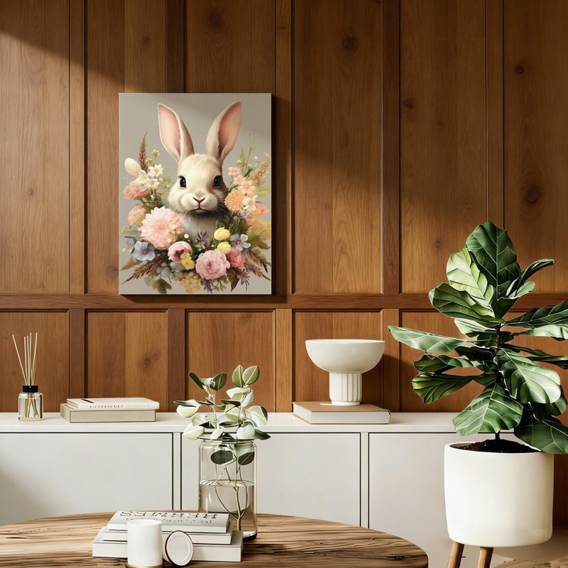 «Spring Bunny Rabbit Floral Bunny», toile grise, cadre en bois massif, art mural 16 po x 24 po