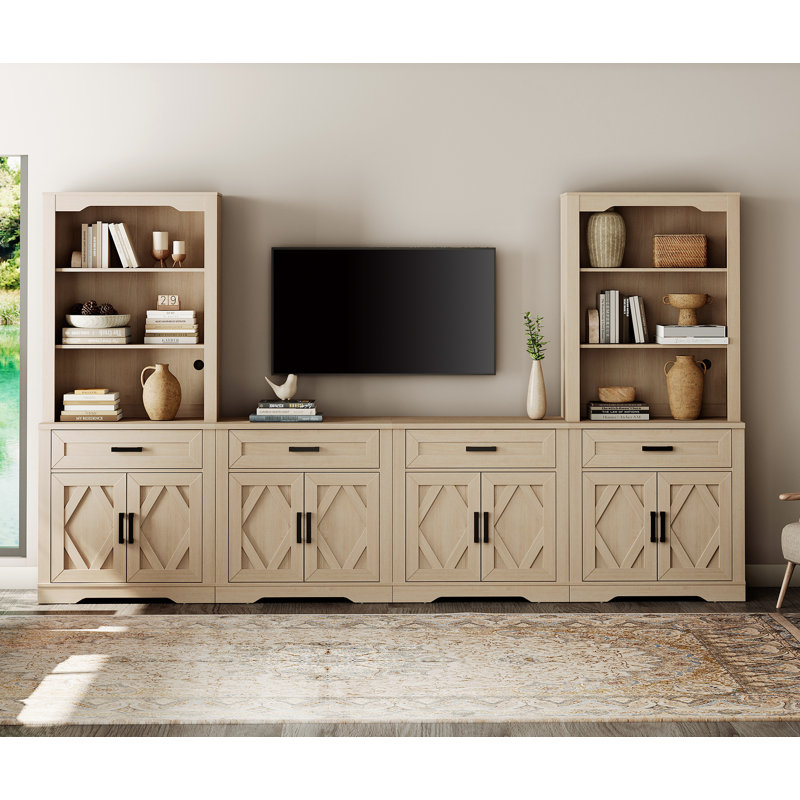 Laziza Mid-Century Modern Farmhouse TV Stand For Tvs Up To 70" â€“ Features Tall Bookshelves, Barn Doors & 5-Tier Storage For Living Room Or Bedroom