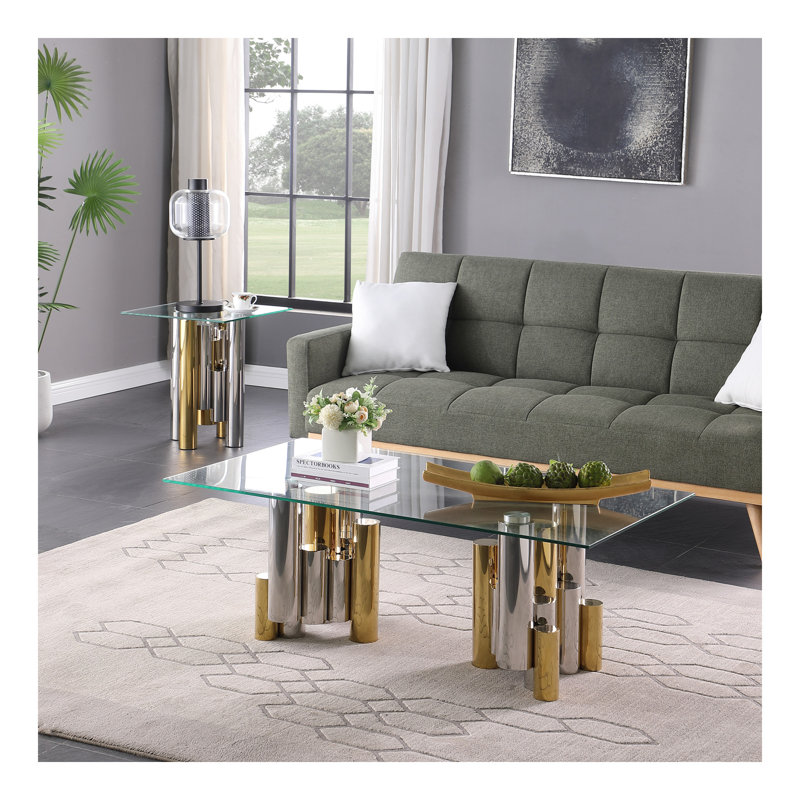 Table basse d'appoint rectangulaire en verre en acier inoxydable pour le salon - table de centre moderne et élégante de 48 po avec verre trempé transparent