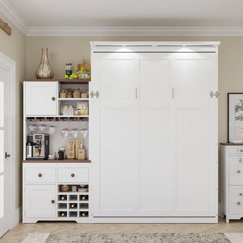 Grand lit escamotable sophistiqué avec rangement pour le vin et éclairage d'ambiance enchanteur à DEL, Blanc