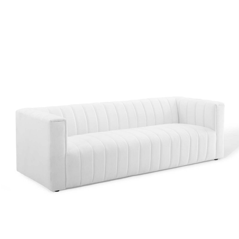 Reflection Channel Tufted Upholstered Fabric Sofa, White Polyester