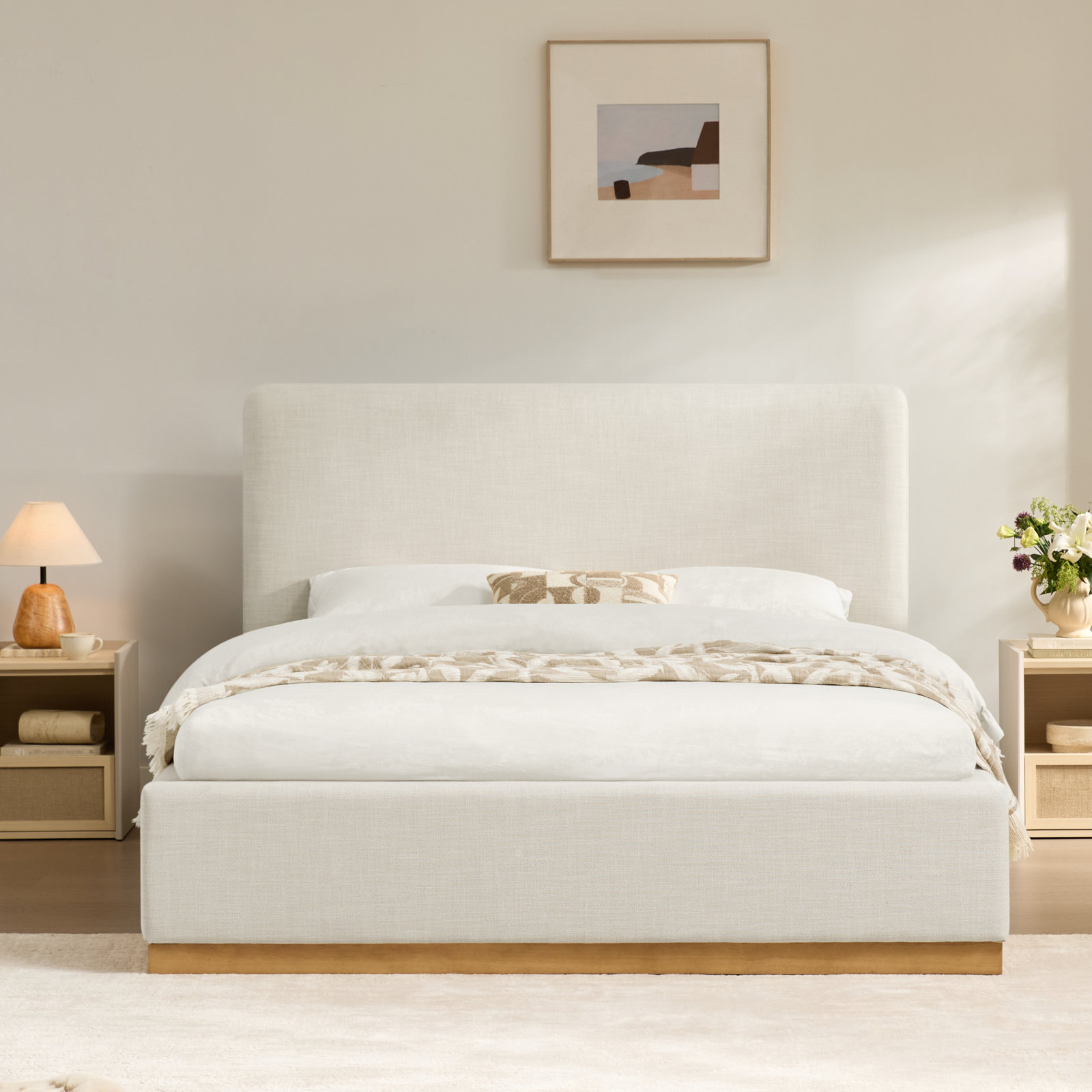 Delpha Upholstered Oak Bed, Queen, Effie Linen Performance Linen