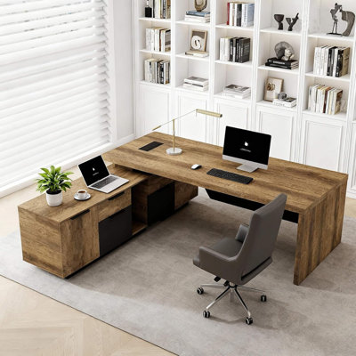 Retractable L-Shaped Executive Desk, Dual Home and Commercial Use Desk with Drawers and Lateral File Cabinet, Large Computer Desk /Workstation (Left Return, 70.86 - 78.7 IN)