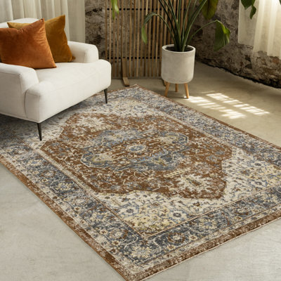 Orange Rust Traditional Oriental Stain Resistant Area Rug