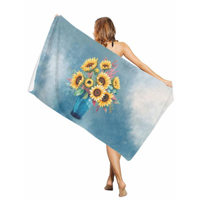 Serviette de plage vintage jaune à motif de tournesol fleuri, grande taille, absorbante et à séchage rapide, idéale pour la piscine ou la baignade. Dimensions : 152 x 203 cm. Un sac en toile assorti à la serviette de plage imprimée vous sera offert.