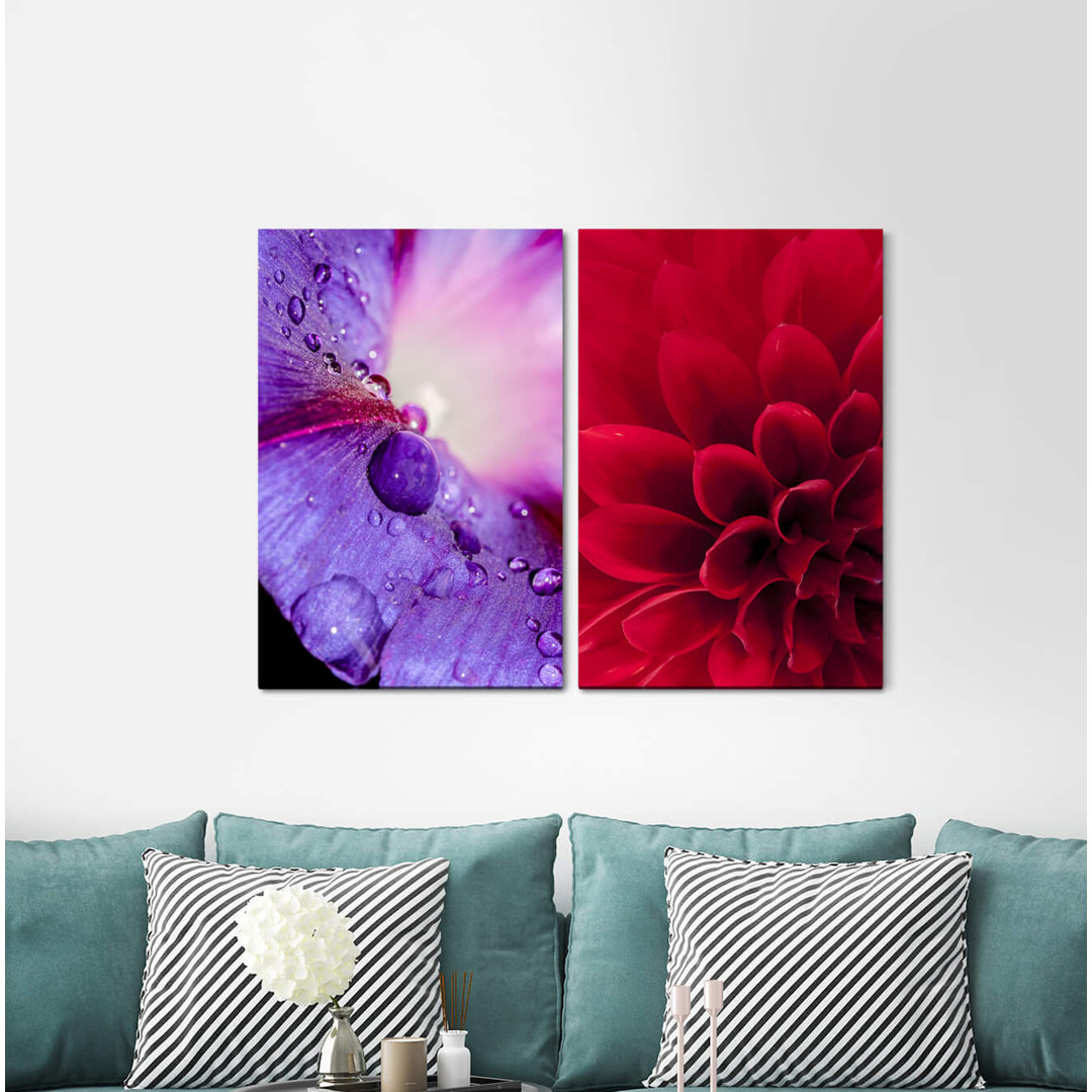 2-tlg. Leinwandbilder-Set - Grafikdruck „Dahlia Red Flower Raindrops Summer Violet”