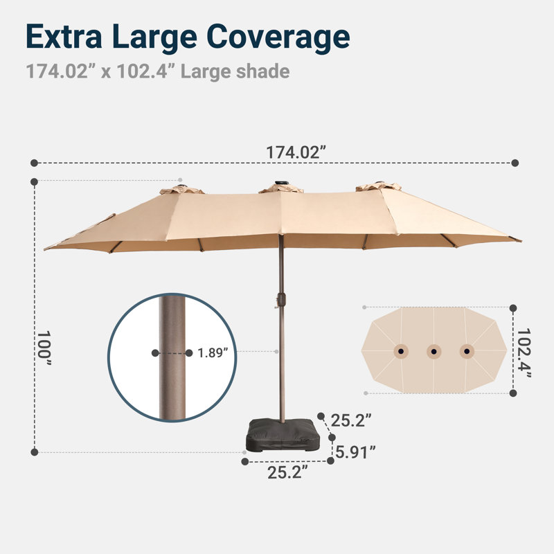 14.5 Ft X 8.5 Ft Rectangular Lighted Market Umbrella With Base, Brun