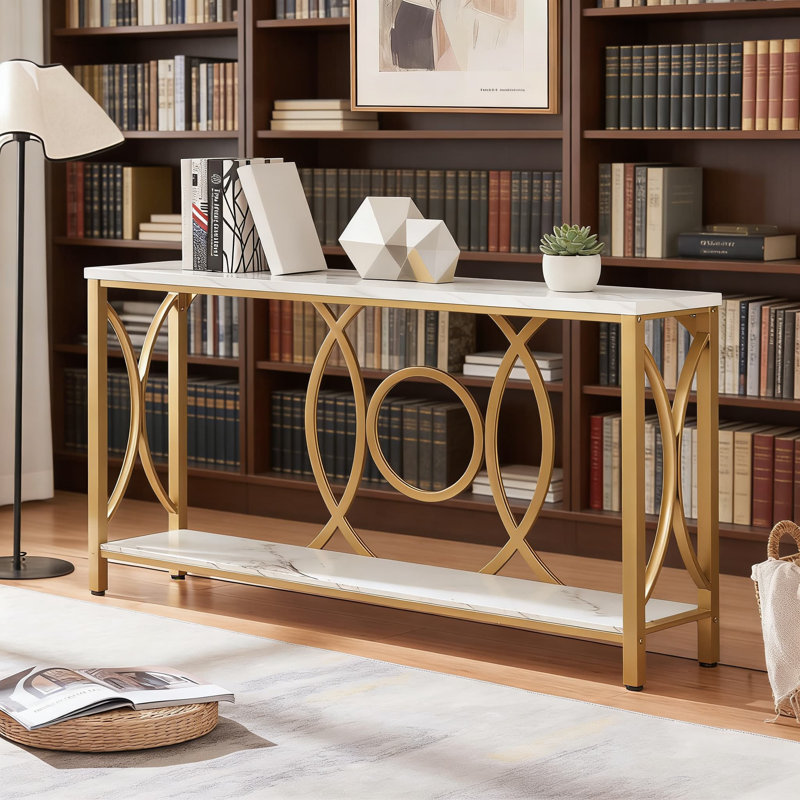 Console moderne avec plateau en faux marbre et rangement à 2 niveaux, canapé étroit pour le salon, le vestibule ou le couloir, structure en bois d'ingénierie et en métal